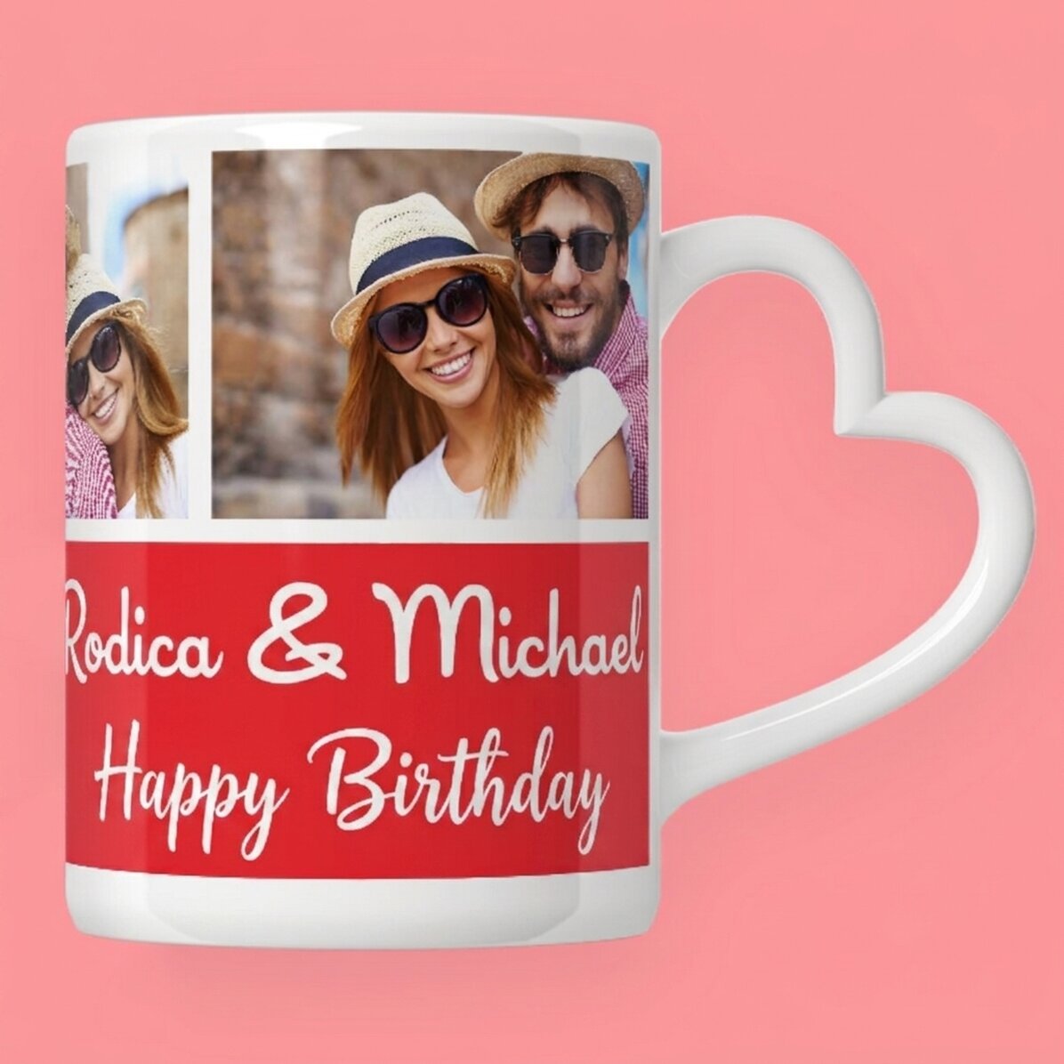Personalisierte Tasse mit 3 Fotos und Text – Modell mit herzförmigem Henkel