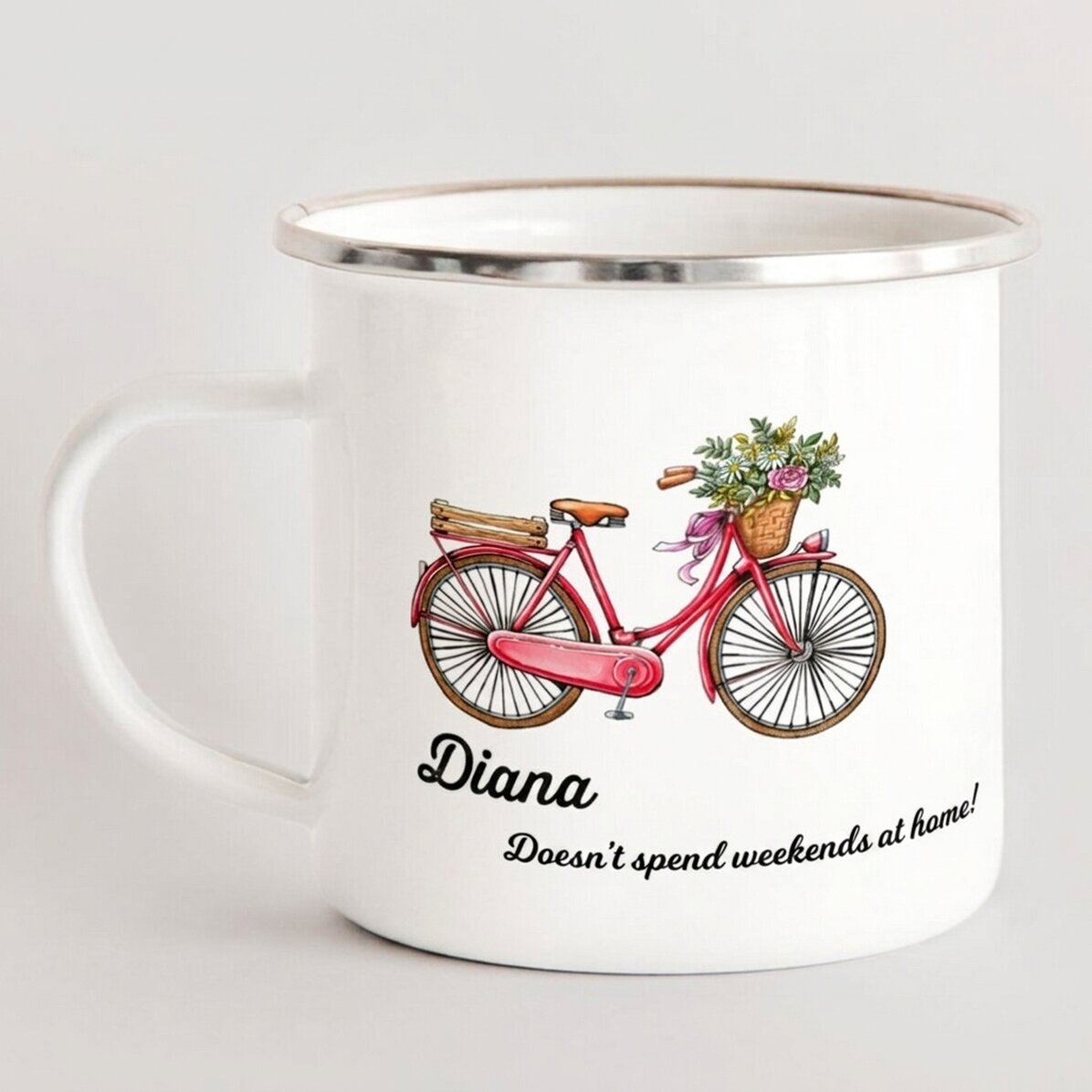 Personalisierter emaillierter Metallbecher – Retro-Fahrrad-Motiv