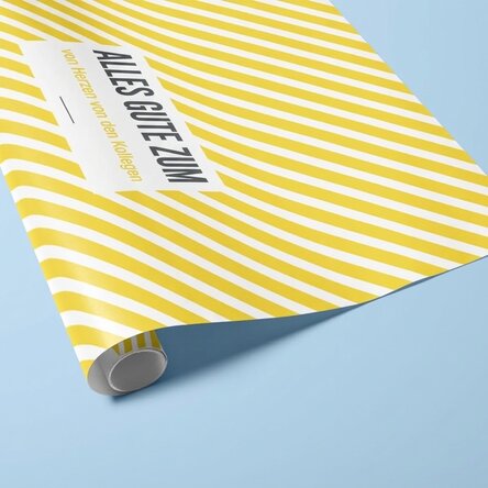 Individuell gestaltetes Geschenkpapier – Motiv „Yellow Stripes“ mit Text in einem Rahmen