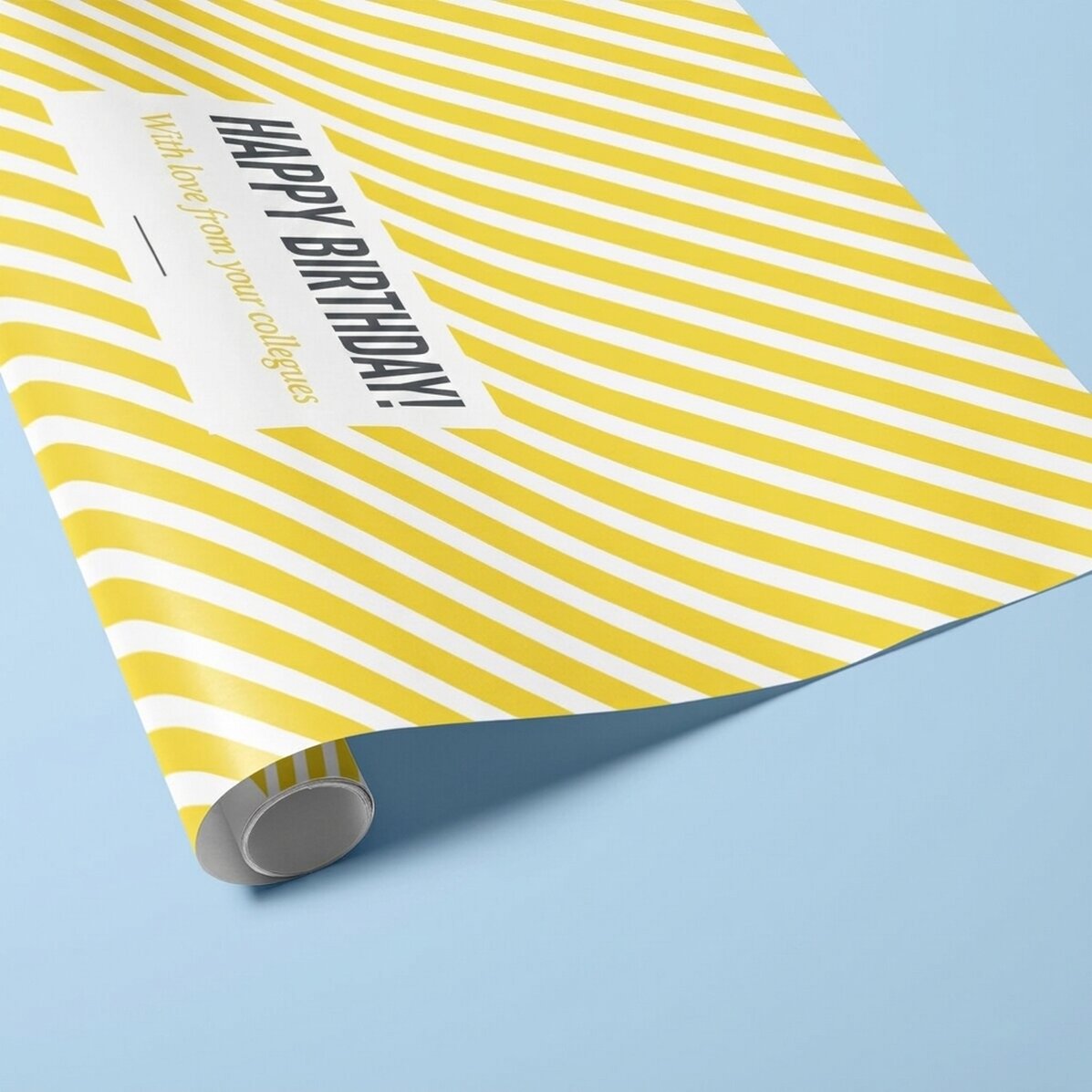 Individuell gestaltetes Geschenkpapier – Motiv „Yellow Stripes“ mit Text in einem Rahmen