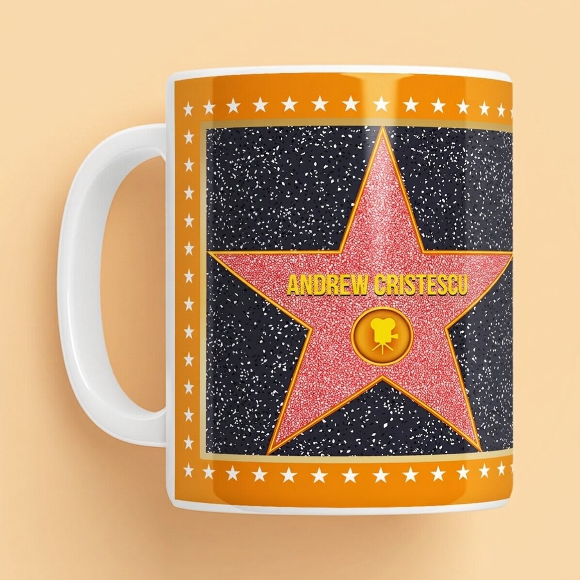 Personalisierte Tasse mit einem Foto – Stern der Dankbarkeit, orangefarbener Hintergrund