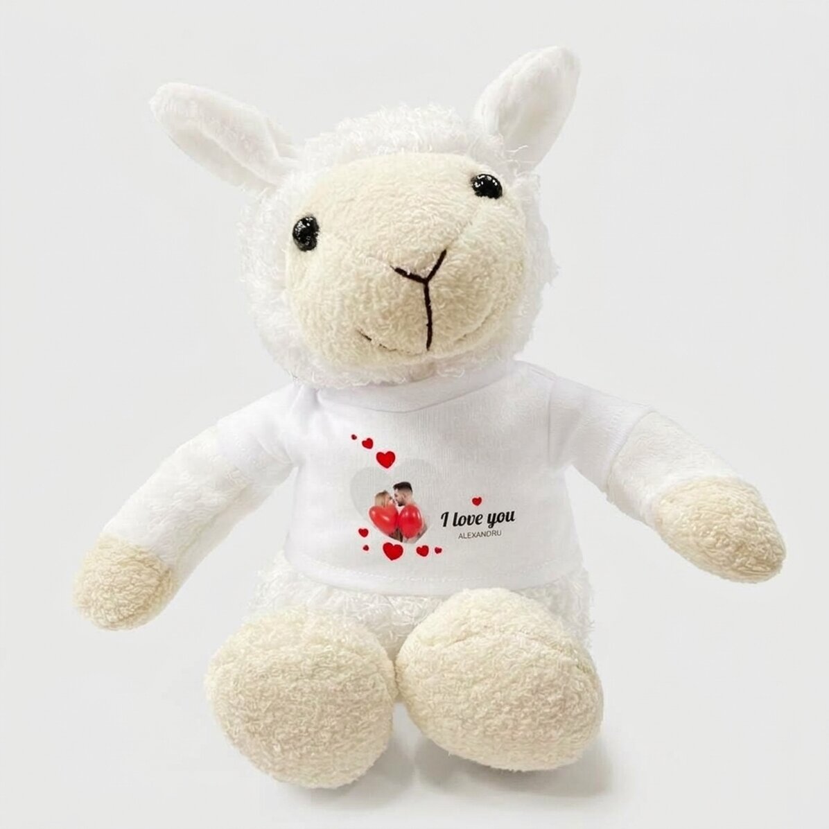 Plus ein personalisiertes Schaf mit einem Foto und einer Liebesbotschaft