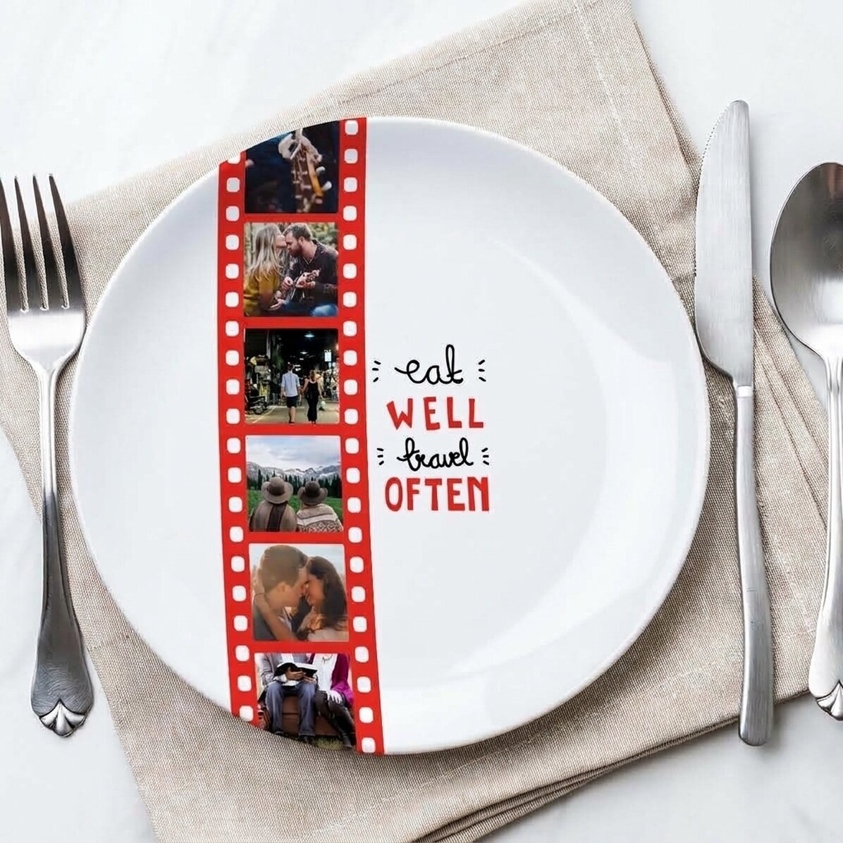 Personalisierter Teller mit 6 Fotos – Eat well, travel often