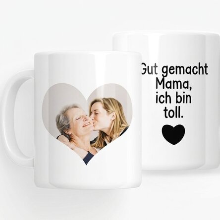 Personalisierte Tasse mit Foto und Text – „Well done, Mum“