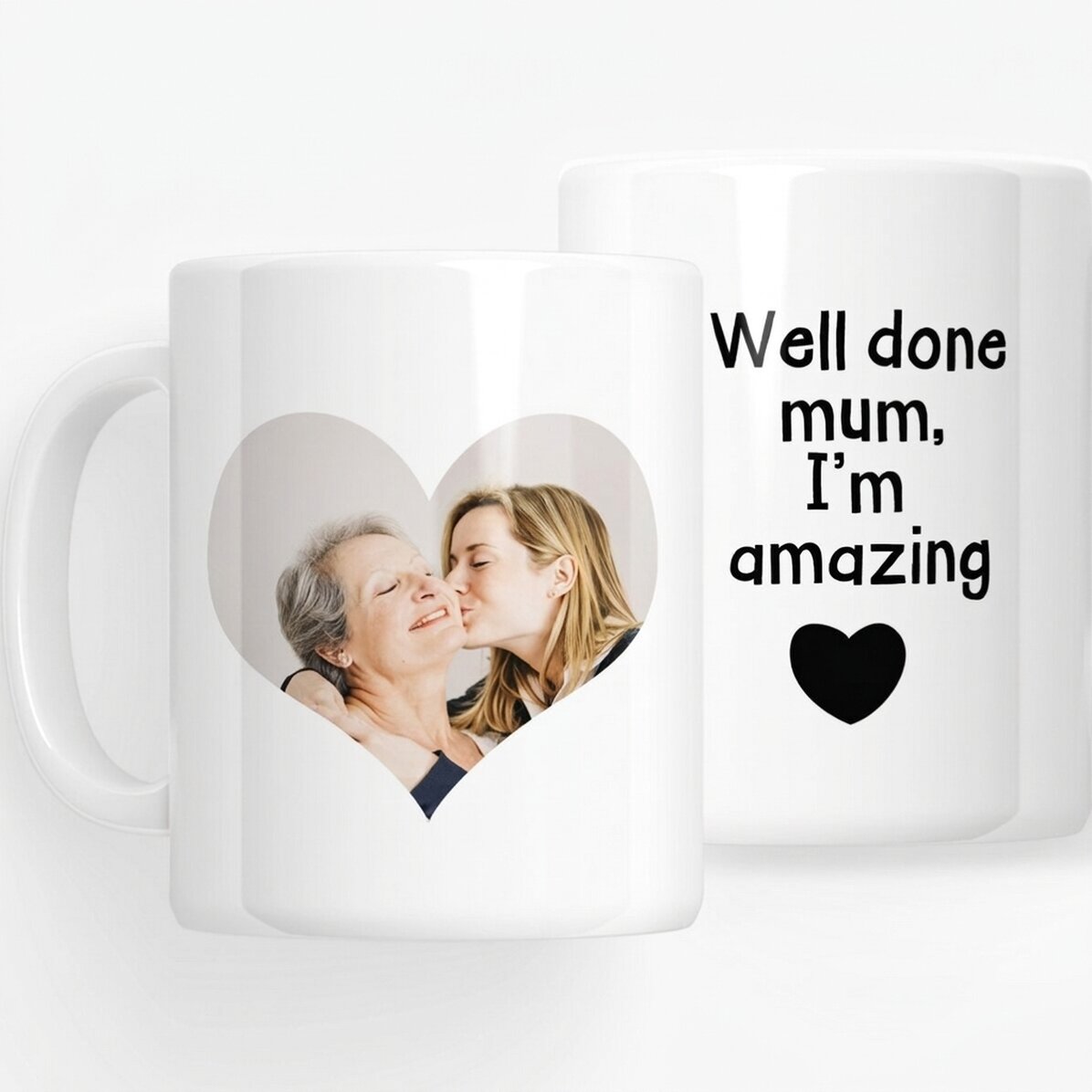 Personalisierte Tasse mit Foto und Text – „Well done, Mum“