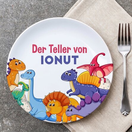 Personalisierter Teller mit Schriftzug – Dinosaurier