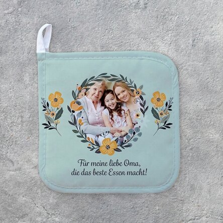 Individuell gestalteter Untersetzer für heiße Töpfe mit Foto und Text – Blumenmotiv