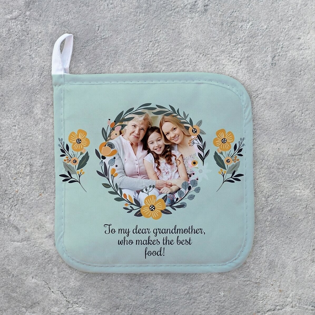 Individuell gestalteter Untersetzer für heiße Töpfe mit Foto und Text – Blumenmotiv