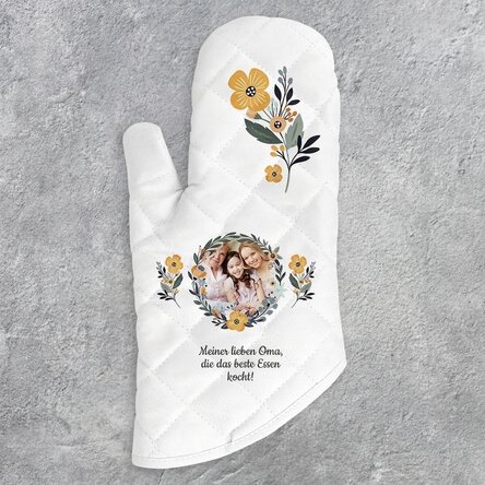 Personalisierte Küchenhandschuhe mit Foto und Text – Blumenmuster