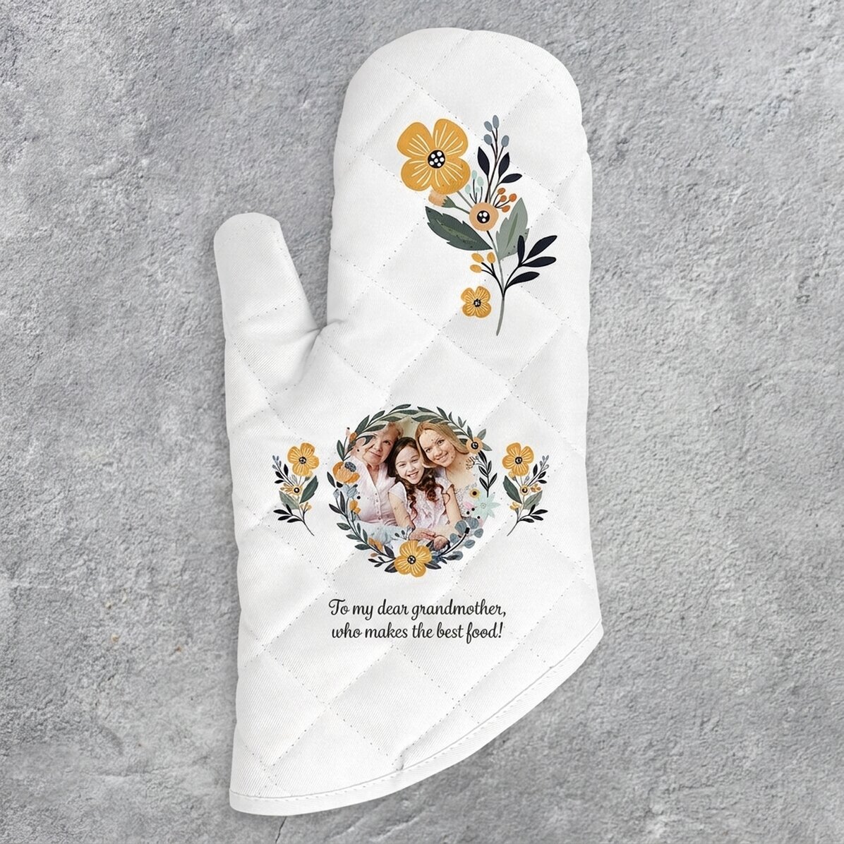 Personalisierte Küchenhandschuhe mit Foto und Text – Blumenmuster