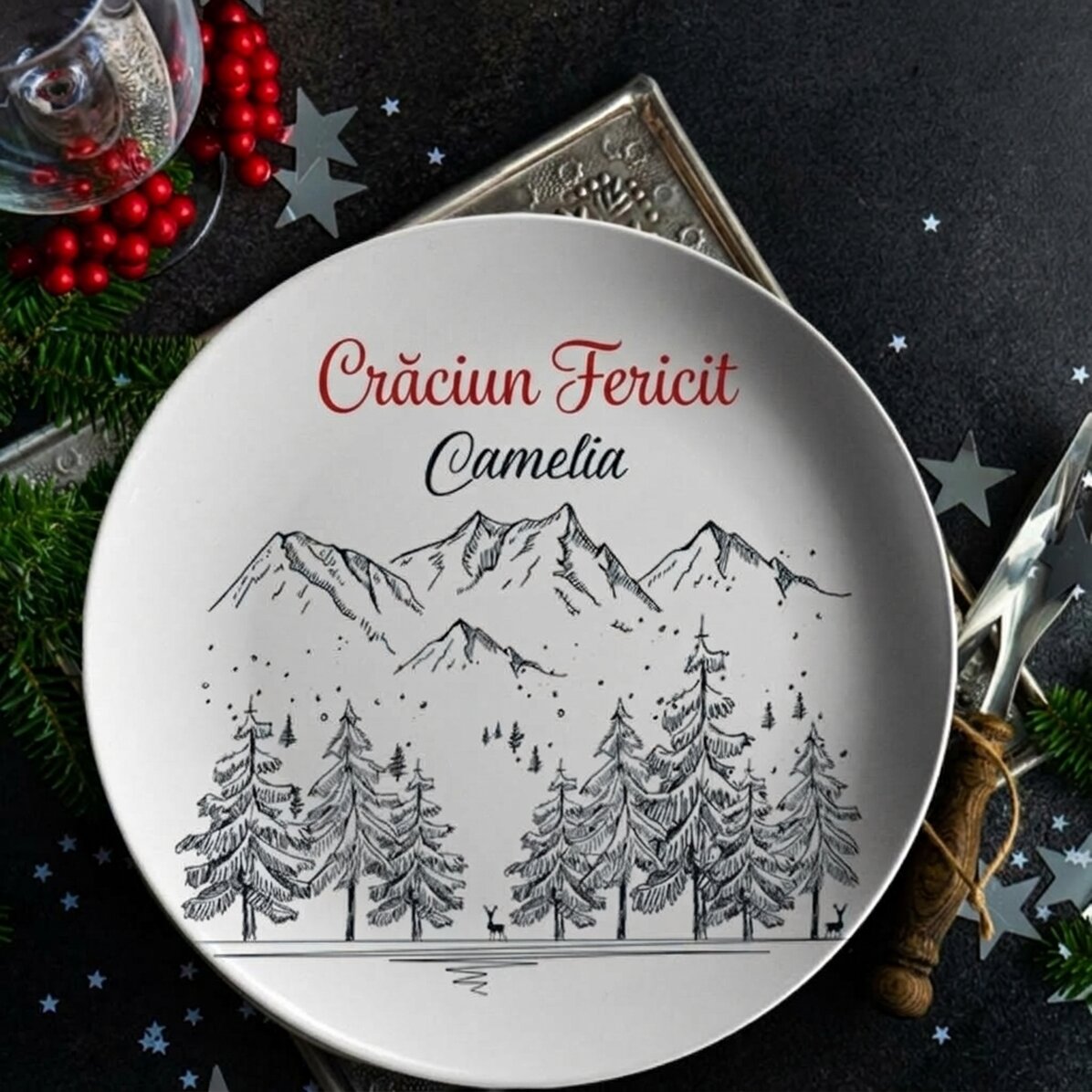 Personalisierter Teller mit Text – Winterlandschaft