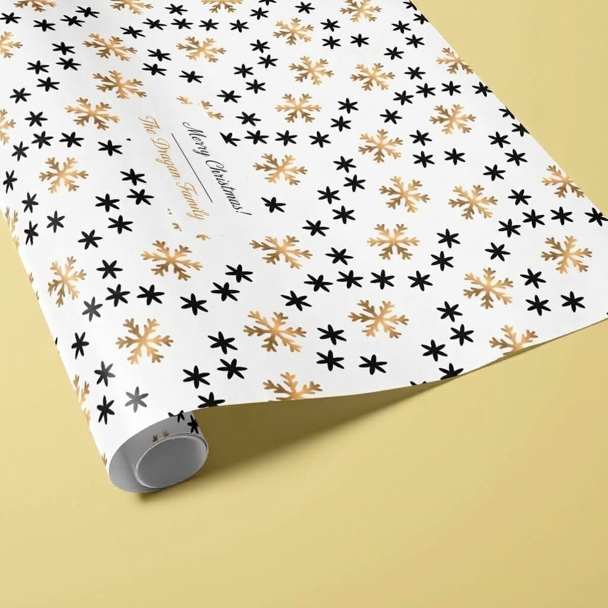 Individuell gestaltetes Geschenkpapier mit Text in einem Rahmen – Snowflakes