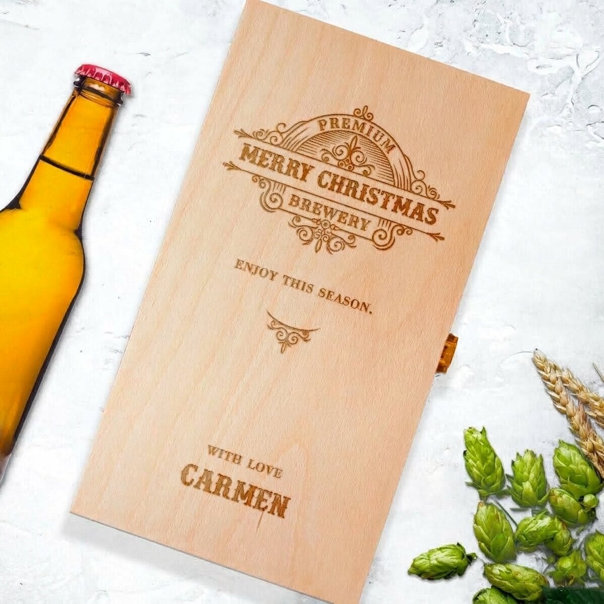 Personalisierte Bierkiste für drei Flaschen – Vintage Christmas