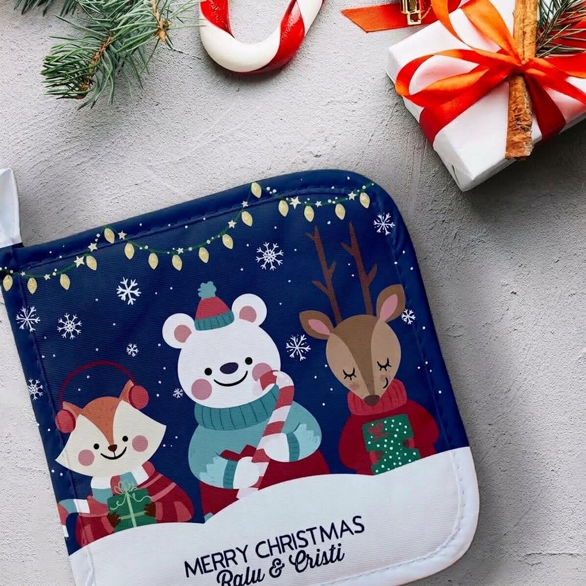 Individuell gestalteter Untersetzer für heiße Töpfe mit Schriftzug – Christmas Night