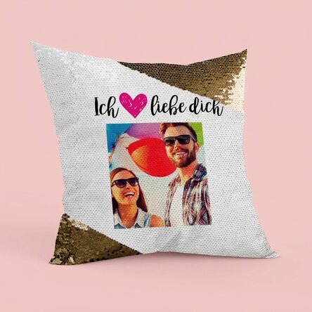 Personalisiertes Kissen mit Pailletten und Foto – I love you