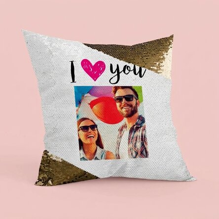 Personalisiertes Kissen mit Pailletten und Foto – I love you