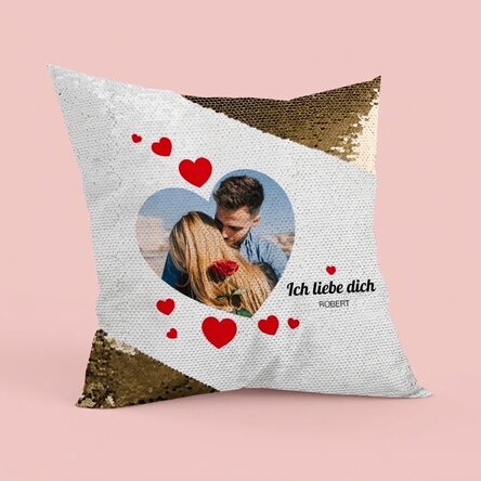 Personalisiertes Paillettenkissen mit einem Foto und einer Liebesbotschaft