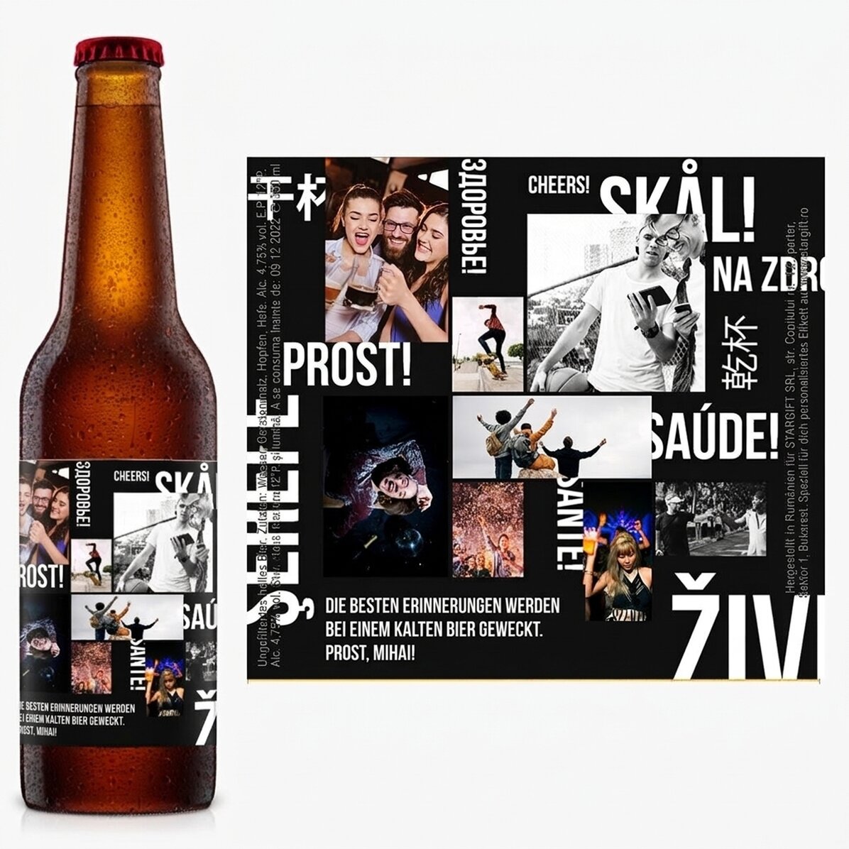 Individuell gestaltetes Bier mit Text und 8 Fotos – Prost!