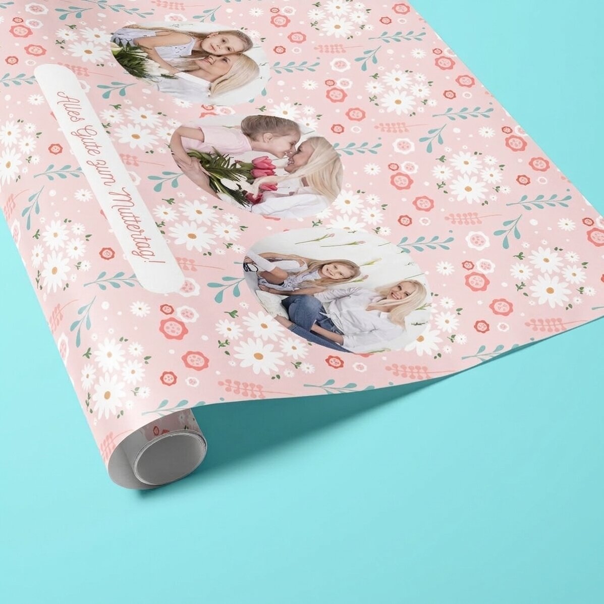 Individuell gestaltetes Geschenkpapier mit 3 Fotos und Text – Frühlingsblumen