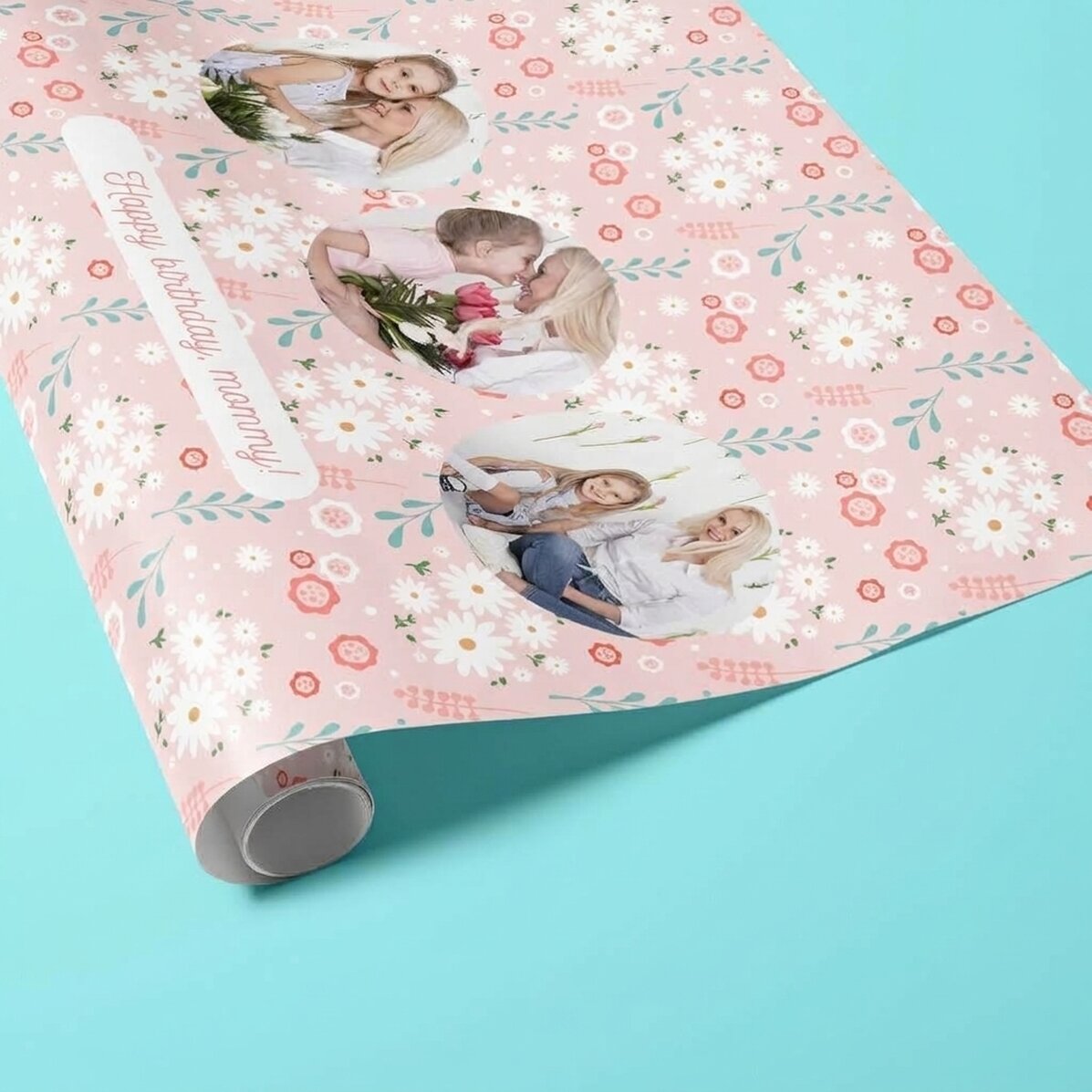 Individuell gestaltetes Geschenkpapier mit 3 Fotos und Text – Frühlingsblumen