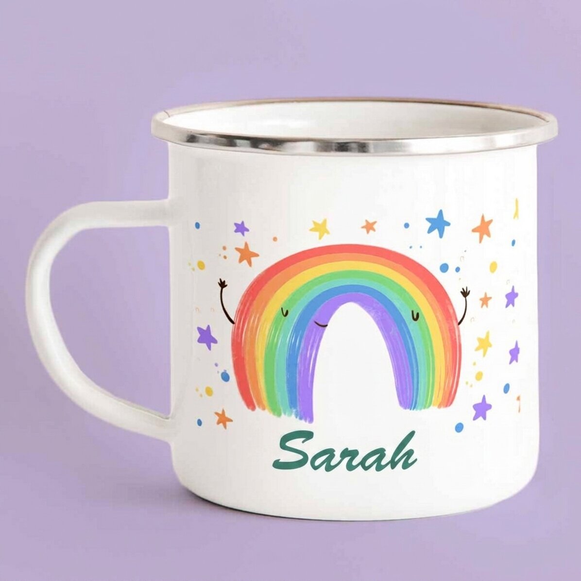 Emaillierter Metallbecher mit Aufdruck – Rainbow