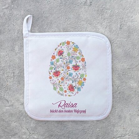 Individuell gestalteter Untersetzer für heiße Töpfe mit der Aufschrift „Happy Easter“