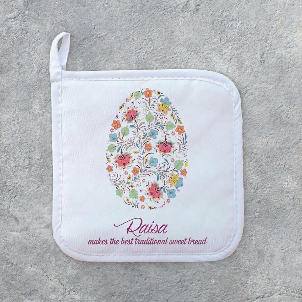 Individuell gestalteter Untersetzer für heiße Töpfe mit der Aufschrift „Happy Easter“