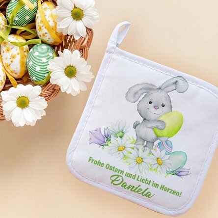 Individuell gestalteter Untersetzer für heiße Töpfe mit Schriftzug – Osterhase
