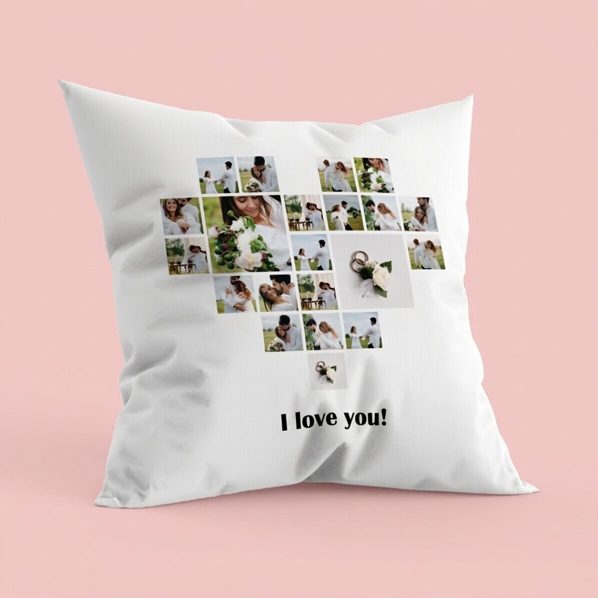 Personalisiertes Kissen mit 21 Fotos in Herzform und Text