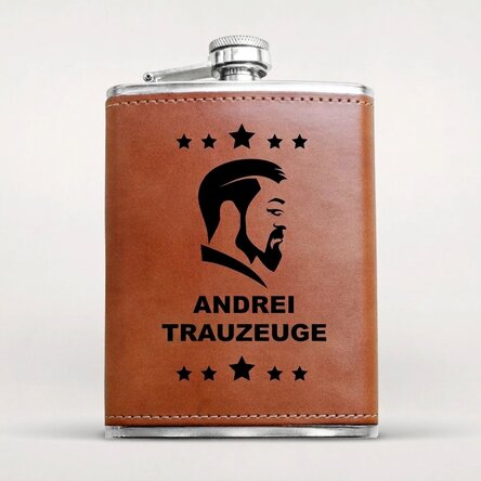 Personalisierte, mit Leder ummantelte Taschenflasche – Trauzeuge