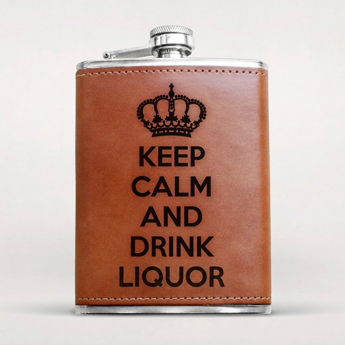 Personalisierte, mit Leder ummantelte Taschenflasche – Keep Calm