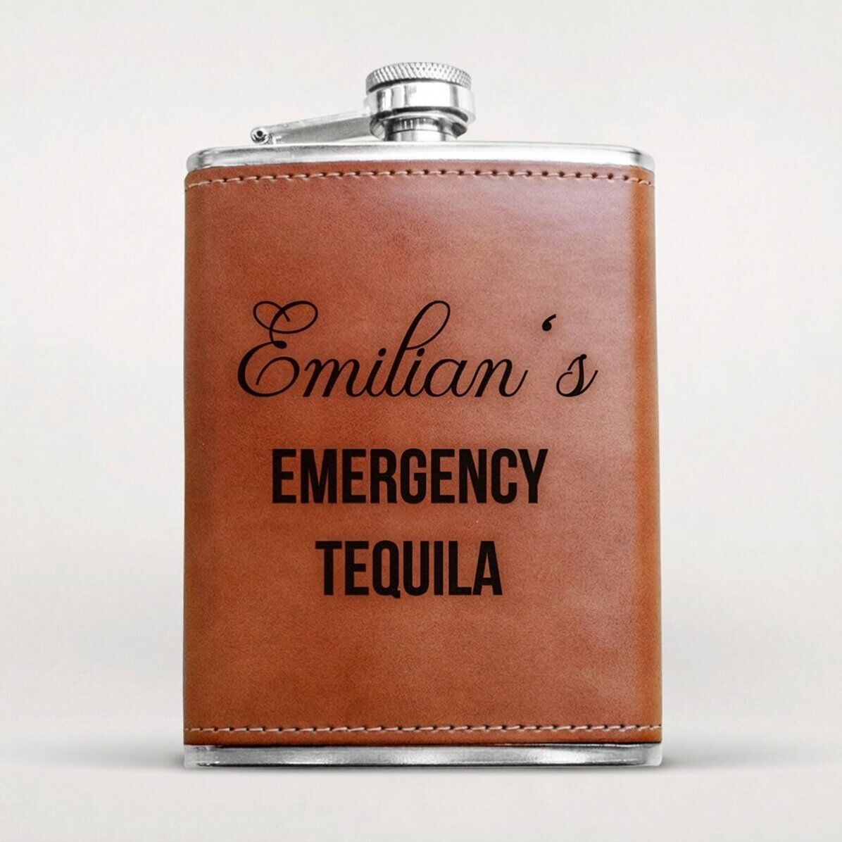 Personalisierte, mit Leder ummantelte Taschenflasche – Emergency Tequila