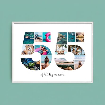 Personalised landscape canvas with 14 photos, model number 55, and text message