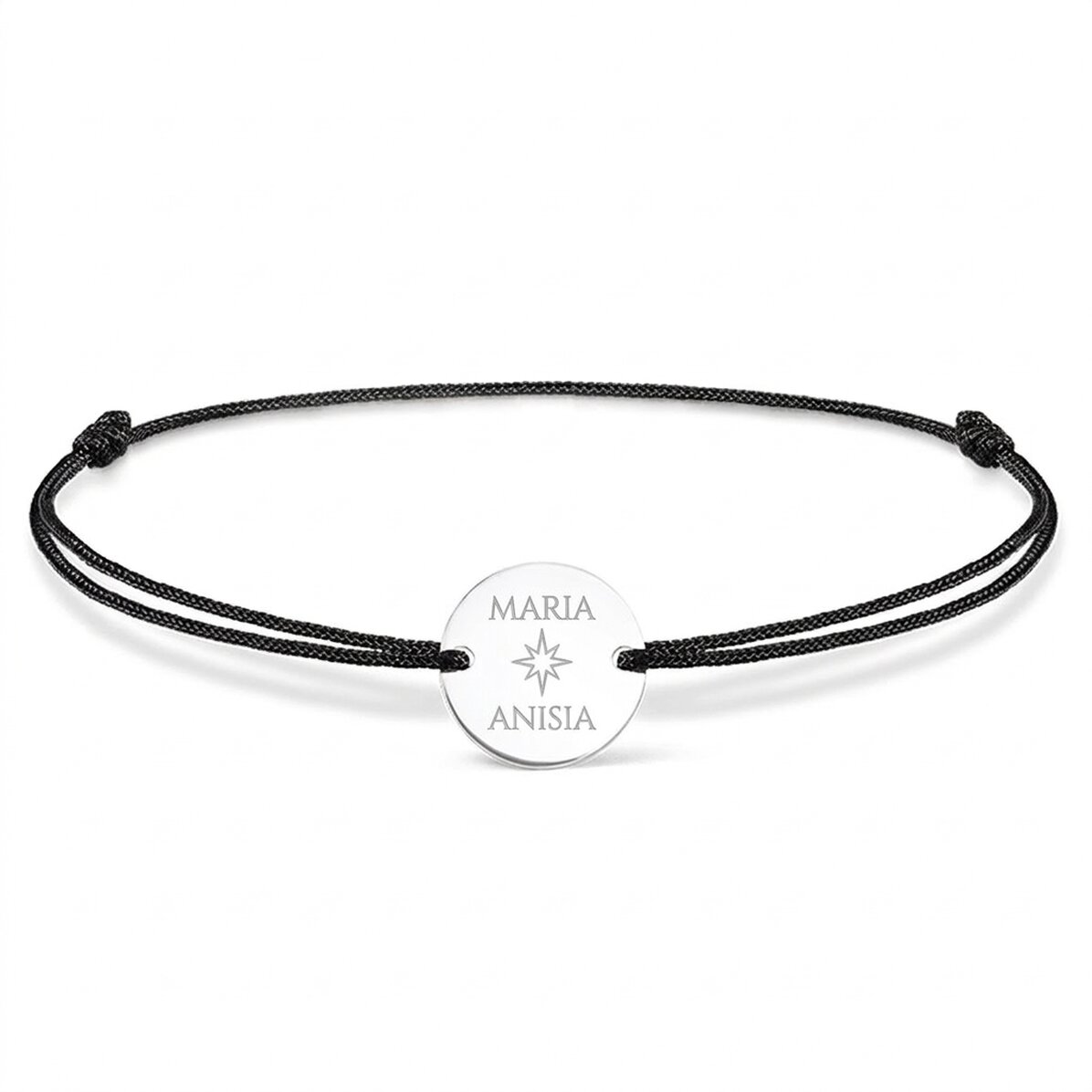 Personalisiertes Armband mit Kordel – 14-mm-Münze – 925er Silber – Stern-Motiv mit 2 Namen