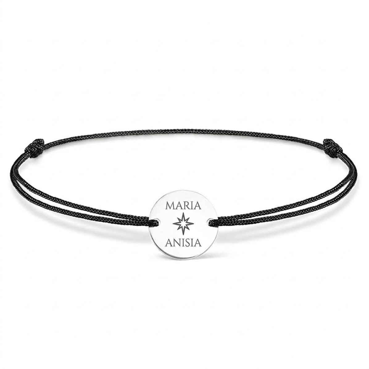 Personalisiertes Armband mit Kordel – 14-mm-Münze – 925er Silber – Stern-Motiv mit 2 Namen