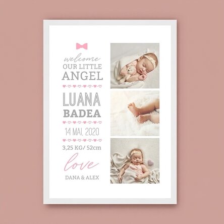 Personalisiertes Bild mit Text und 3 Fotos – Hello, baby (Mädchen)