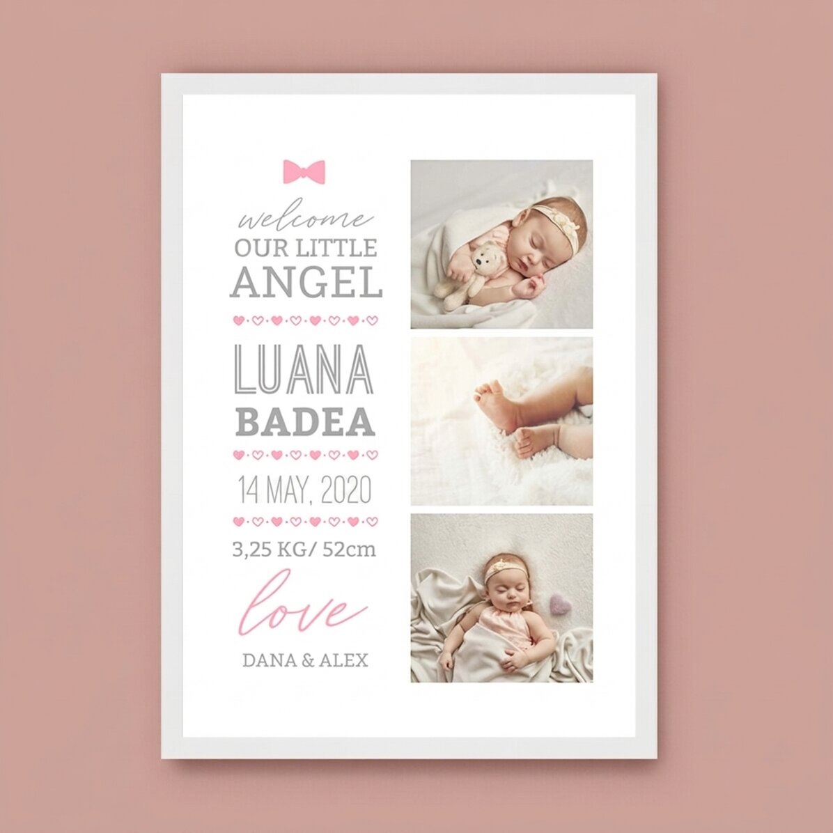 Personalisiertes Bild mit Text und 3 Fotos – Hello, baby (Mädchen)