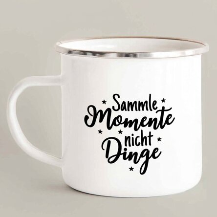 Personalisierte emaillierte Metalltasse mit Foto – Sammle Momente, keine Dinge