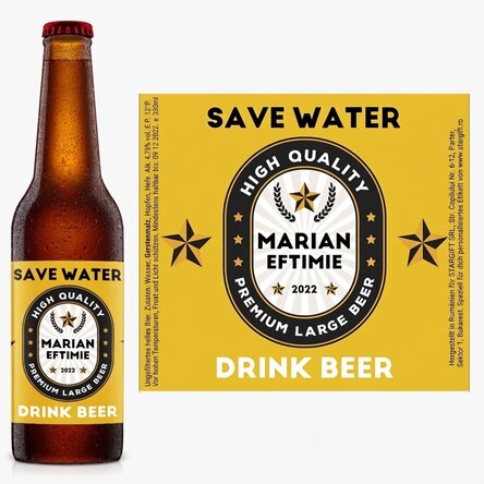 Bier mit individueller Aufschrift – „Save water, drink beer“