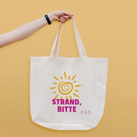 Personalisierte Strandtasche mit Schriftzug – „Beach please“, Modell „Sonne“
