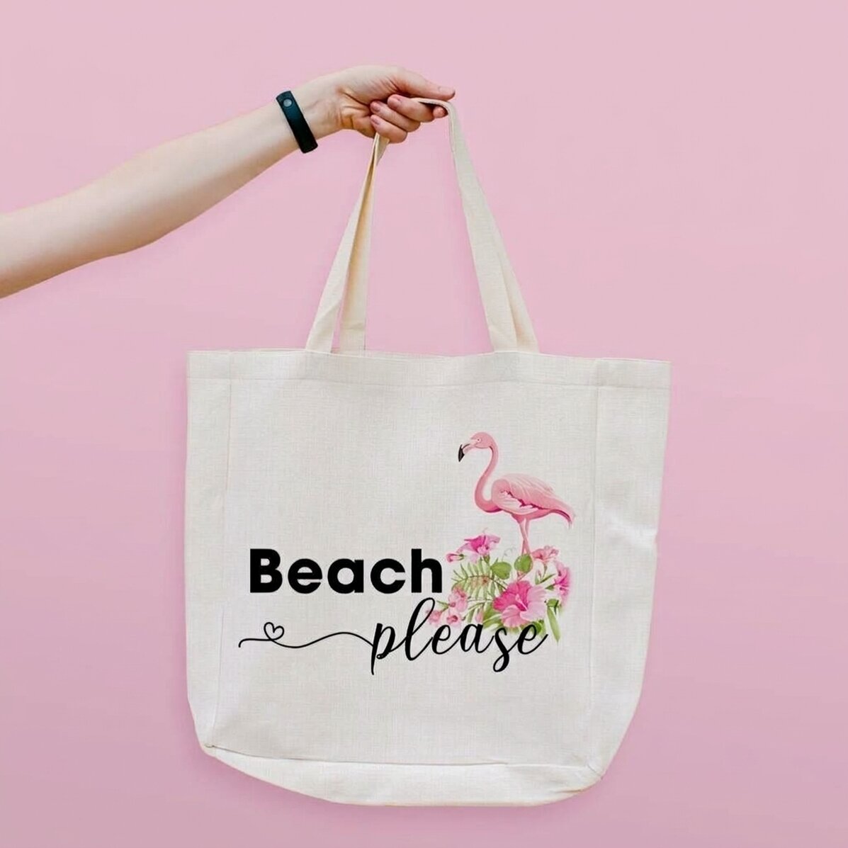 Personalisierte Strandtasche mit Schriftzug – Modell „Beach please“ mit Flamingo-Motiv