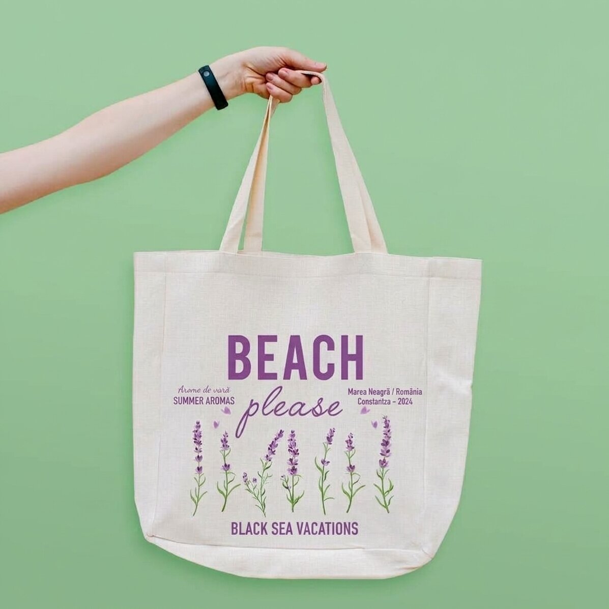 Personalisierte Strandtasche mit Schriftzug – Modell „Beach please“ in Lavendel