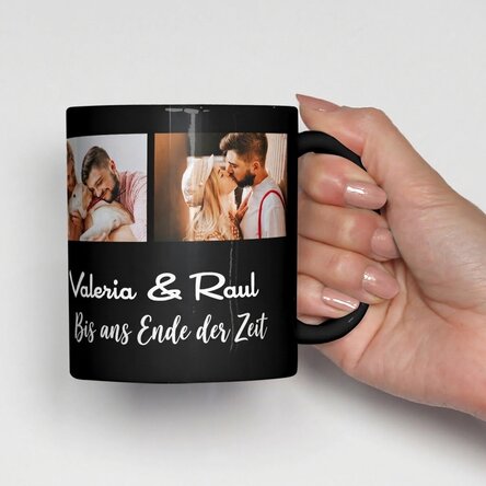 Personalisierte schwarze Tasse mit 3 hochgeladenen Fotos und Text