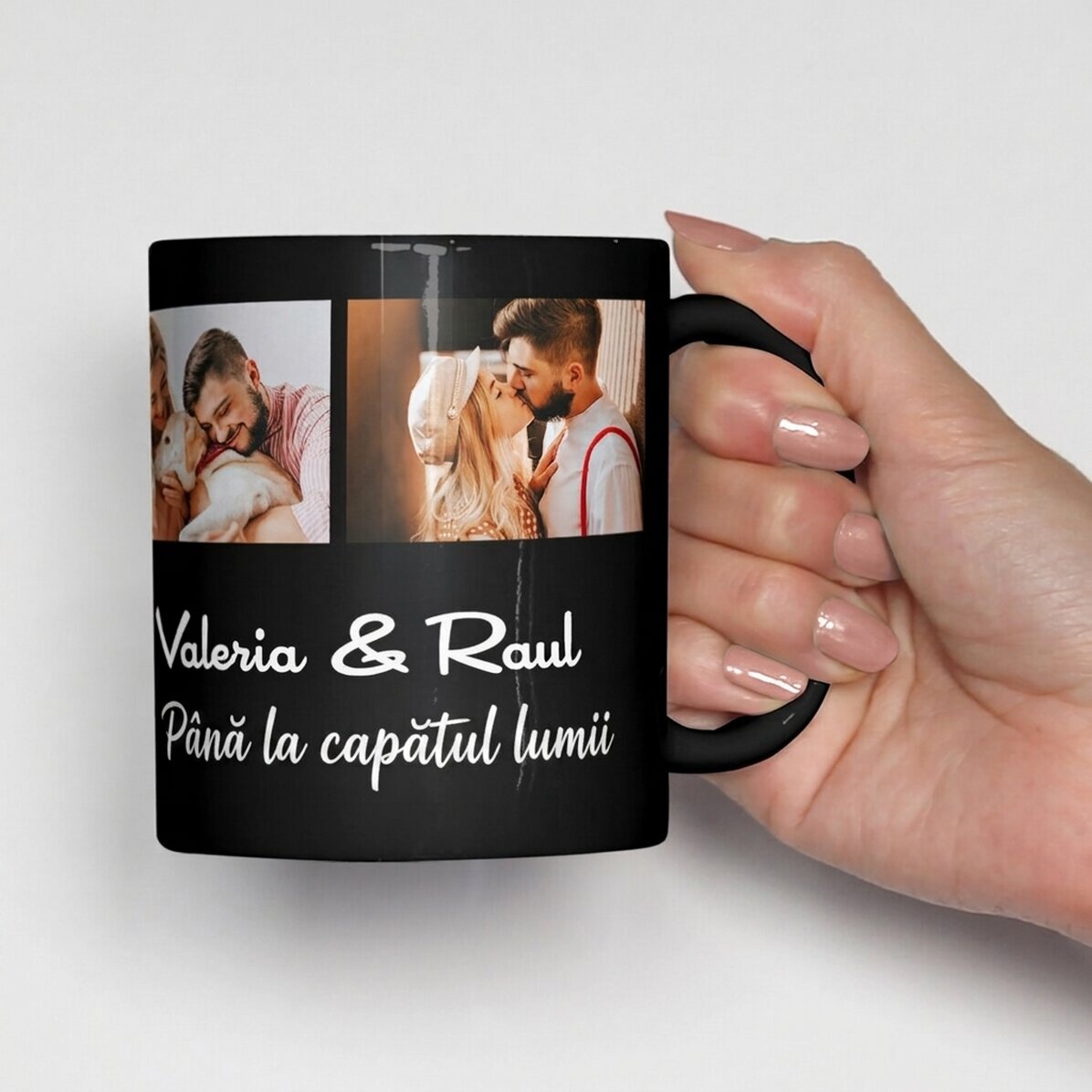 Personalisierte schwarze Tasse mit 3 hochgeladenen Fotos und Text