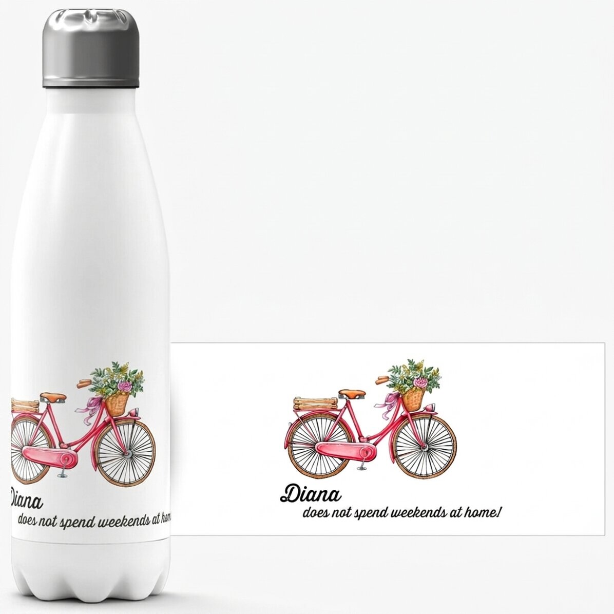 Thermoskanne mit weißem Boden, individuell mit Text bedruckt – Modell „Retro-Fahrrad“