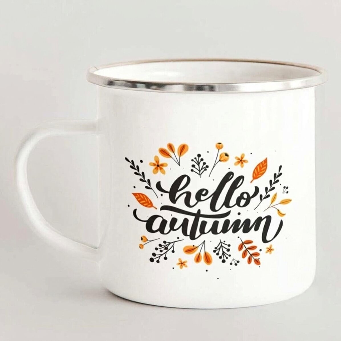 Emaillierter Metallbecher mit Aufdruck – „Hello Autumn“