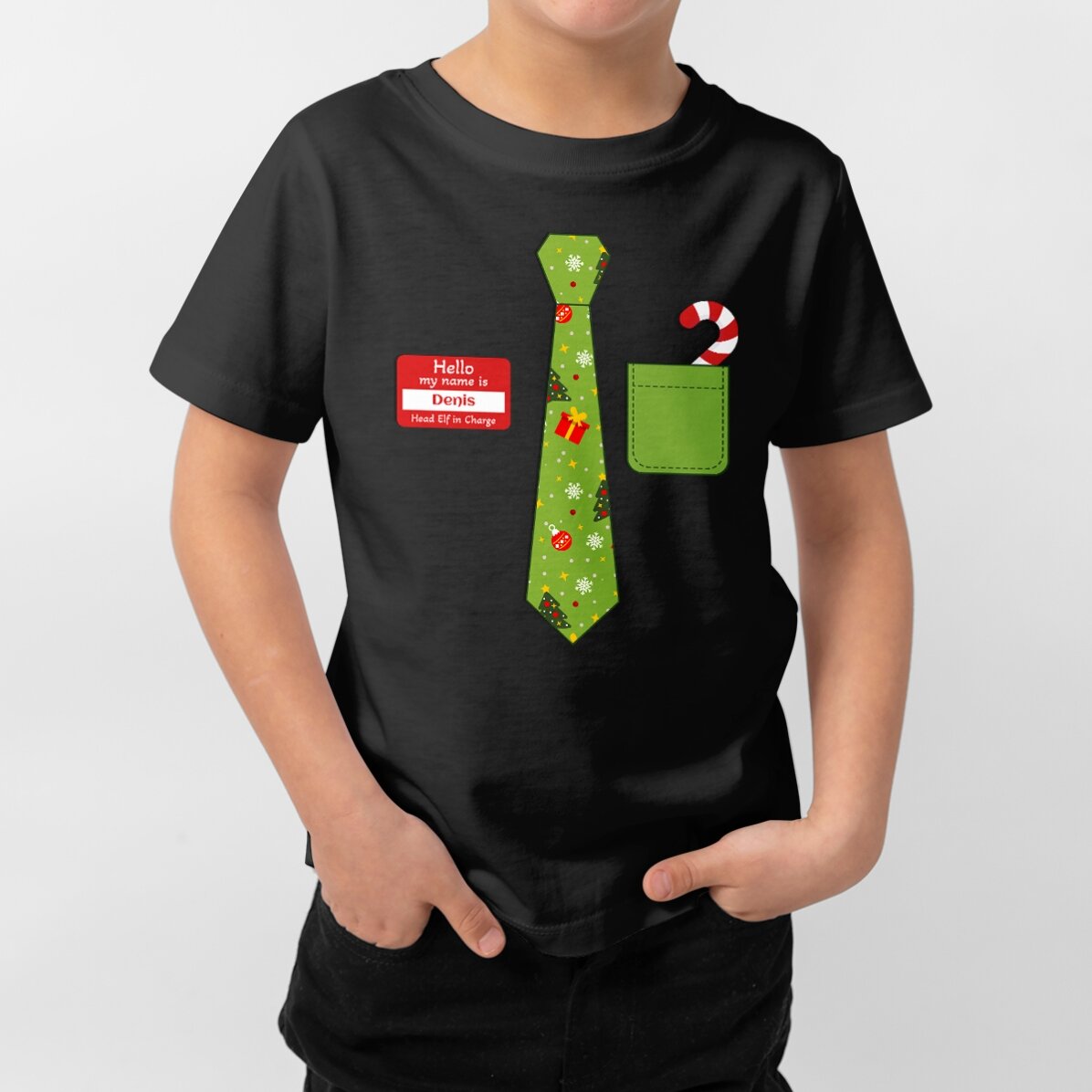 Personalisiertes Baumwoll-T-Shirt für Kinder mit Aufdruck – Weihnachtskrawatte