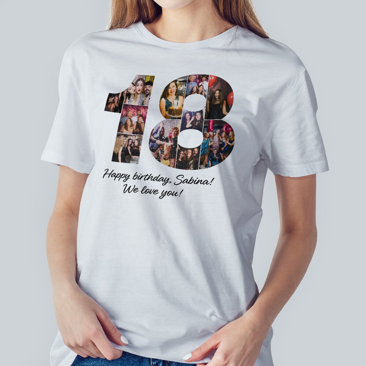 Personalisiertes Baumwoll-T-Shirt mit 11 Fotos und Text zur Volljährigkeit – 18 Jahre