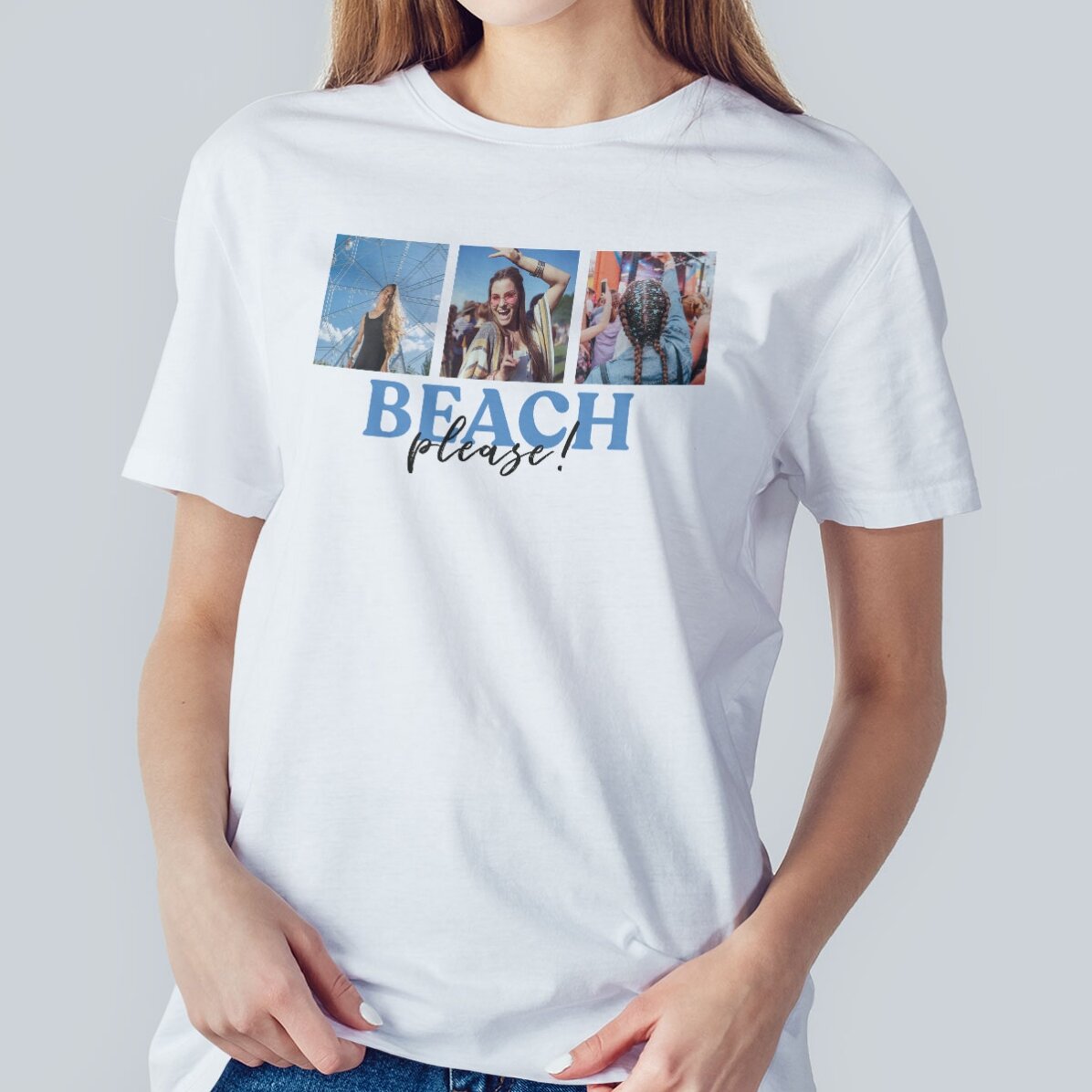 Personalisiertes Baumwoll-T-Shirt mit 3 Fotos und einem Spruch – „Beach, please!“