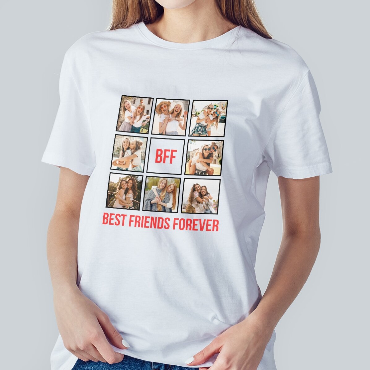 Personalisiertes Baumwoll-T-Shirt mit 8 Fotos und Text – Best Friends Forever